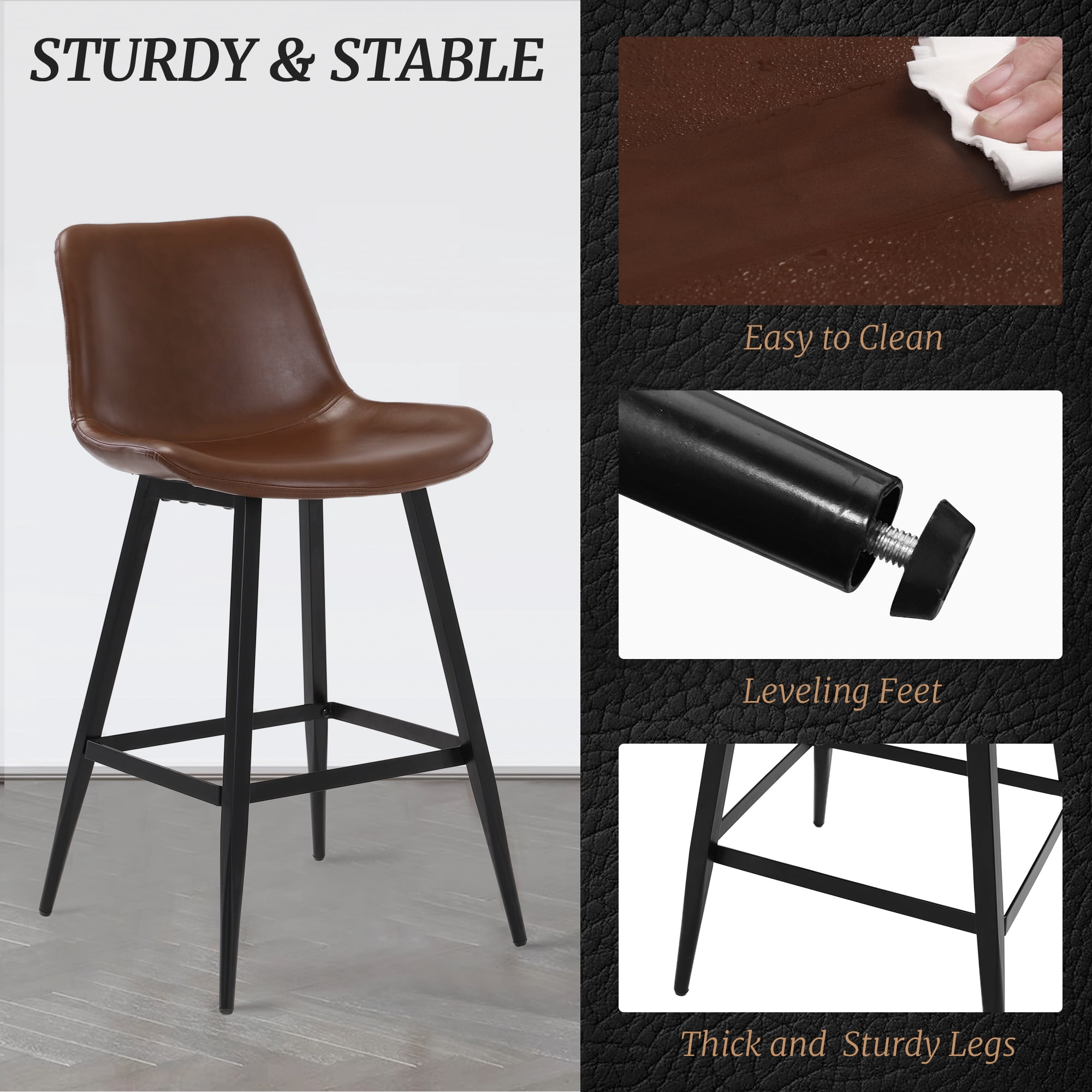 Dycanpo Modern Faux Leather 26 Inch,Counter Height Bar Stools Set of 4,for Home Kitchen, Dark Brown