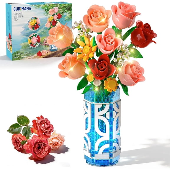 TERRAMUS Flower Bouquet Building Set with Vase,LED Light Botanical Building Blocks DIY Floral Arrangement Kit, 747 PCS Artificial Roses Building Toy for Adults and Kids 6