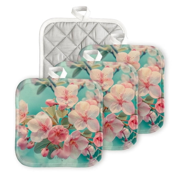BaHomeck Pot Holders 4pcs dacron Made Square heat-resisting mat Machine Washable for Kitchen Oven Hot Pads 6.7inch*6.7inch,Beautiful Spring Flowers On Turquoise Background