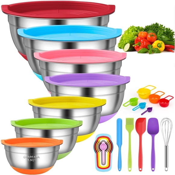 CHAREADA Juego de tazones para mezclar con tapas herméticas, 18 piezas de acero inoxidable, juego de tazones para mezclar coloridos, fondo de silicona antideslizante, tamaño 7 5.5 4 3.5 2.5 2 1.5 qt a