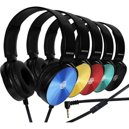 Premium Classroom Headphone (5 Pack) - Kids Wired Earphones with Mic for School Students K-12 & Teachers, Soft Swivel On Ear Pads- Perfect for E-Learning, Meetings, Calls -(Colorful)