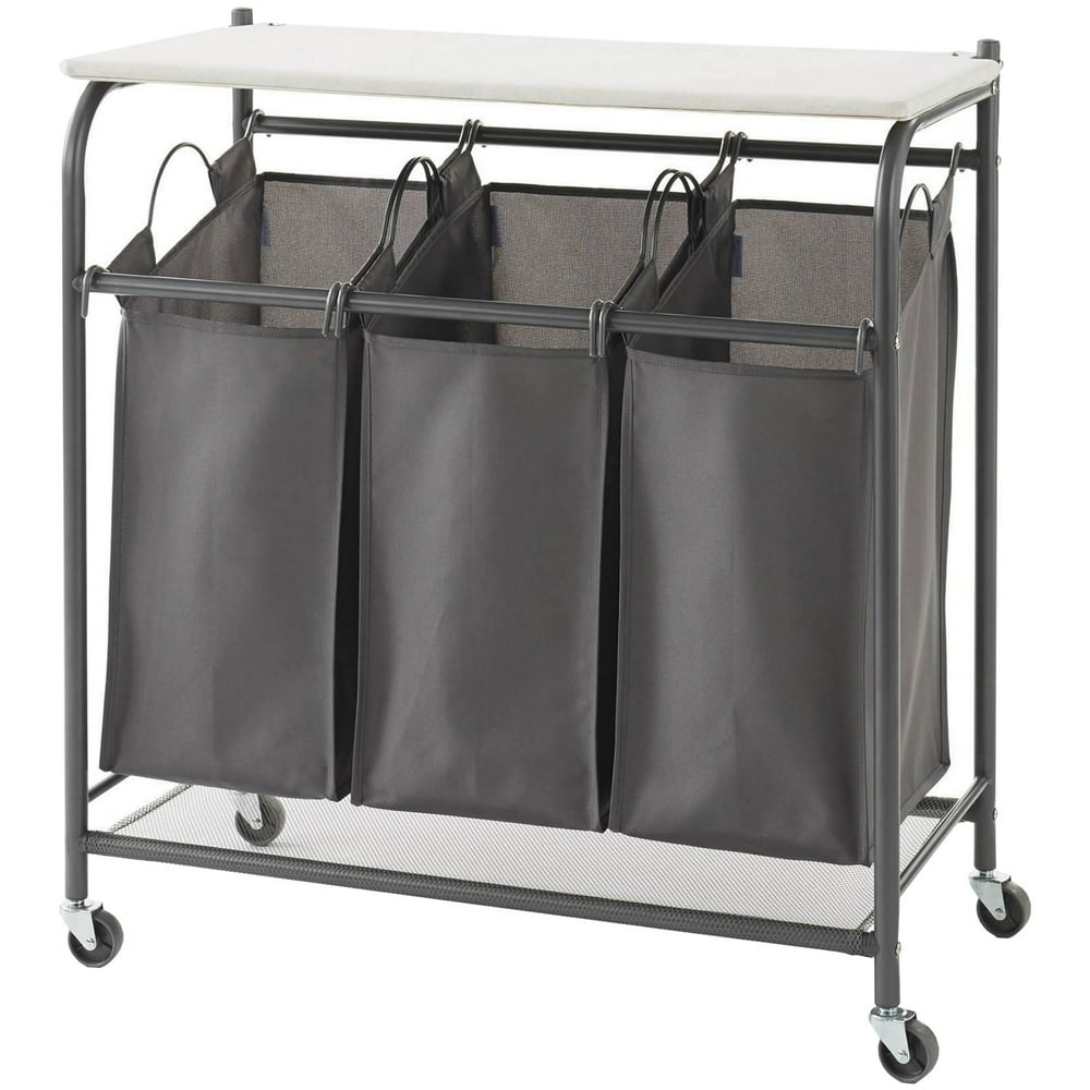 NeatFreak AU5479002X1EFST Rolling Triple Laundry Sorter with Ironing Board Top and EVERFRESH