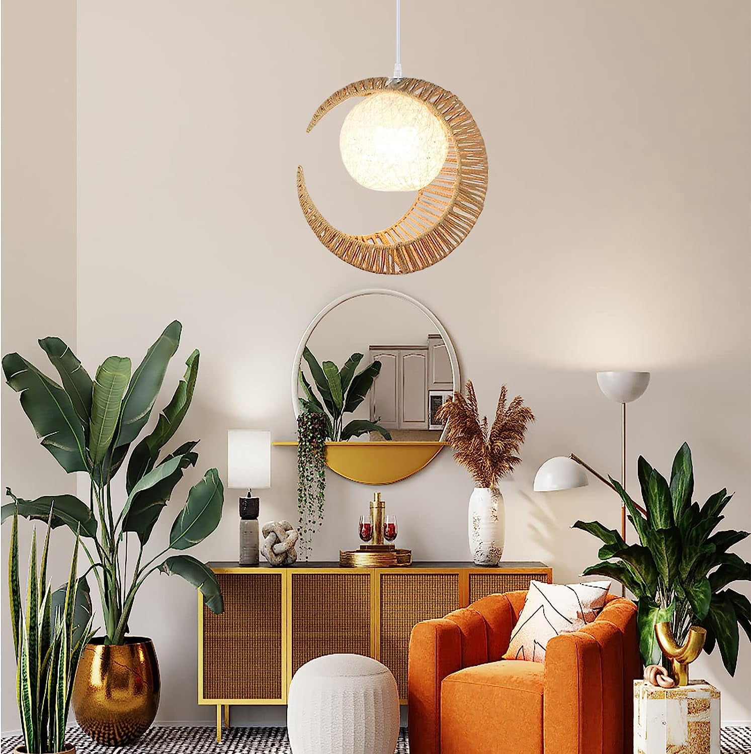 Arturesthome Modern Moon Shape Pendant Lamp Hand Woven Chandelier Ceiling Light Wicker Pendant Lights Fixture for Child Bedroom Home Decor