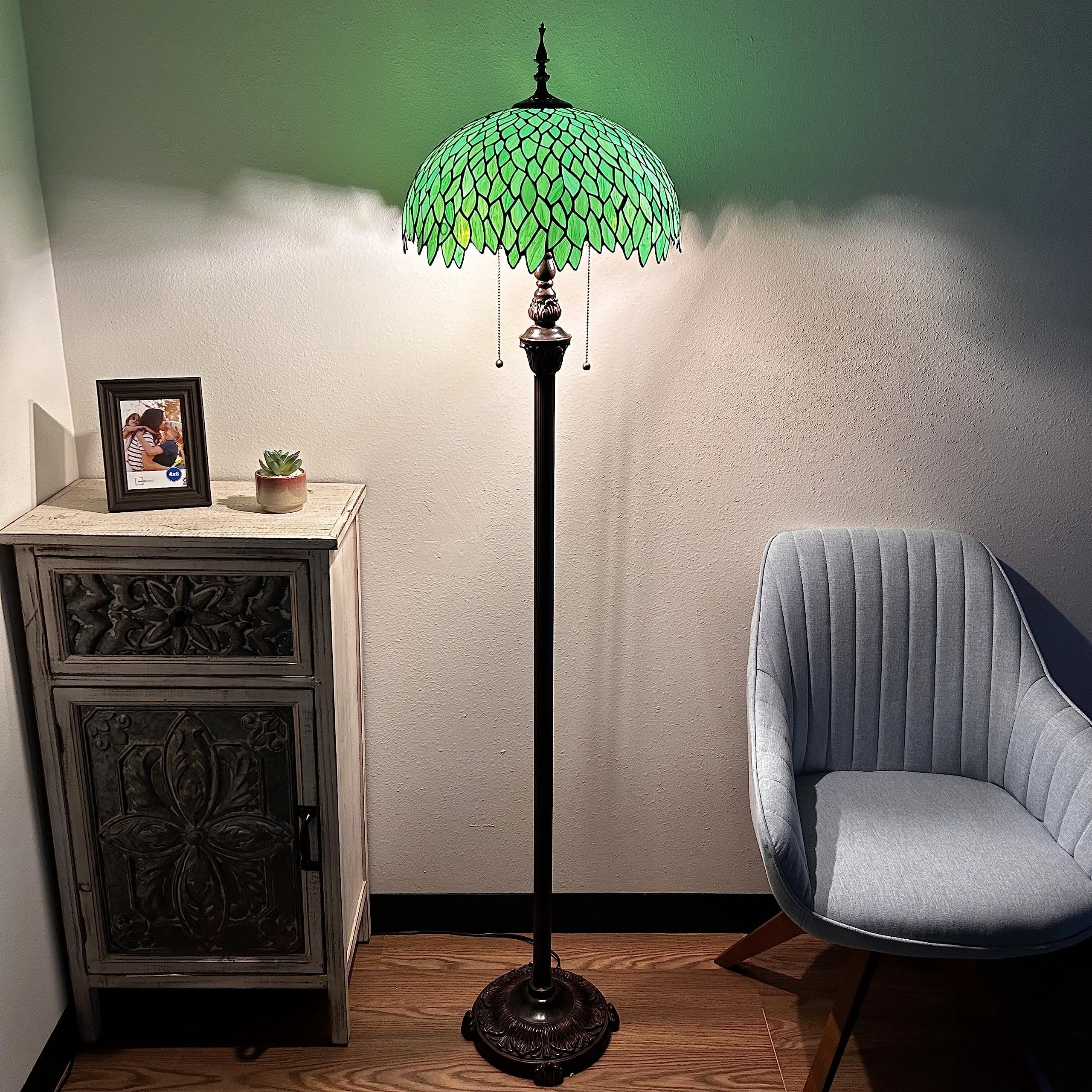 Tiffany Floor Lamp Green Leaves Stained Glass Metal Base LED Bulbs Included for Living Room Bedroom 16"W*16"D*64"H