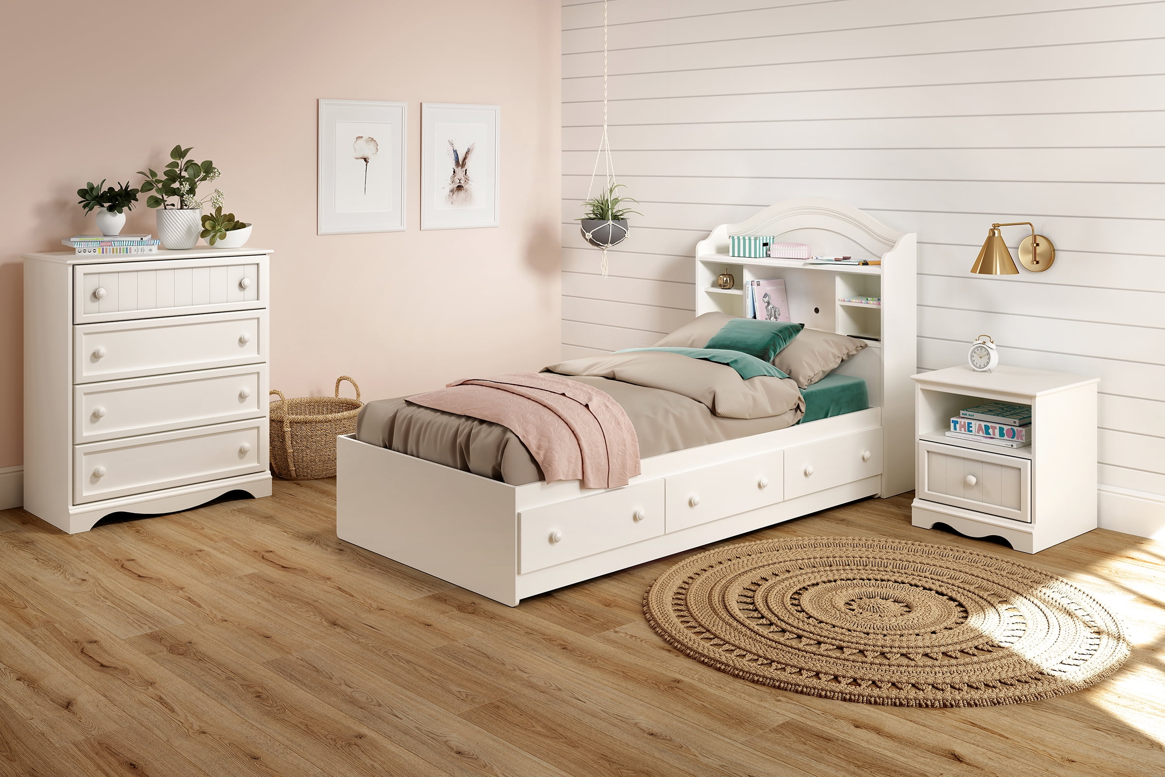 South Shore Savannah Twin Mates Bed with 3 Drawers, in Pure White