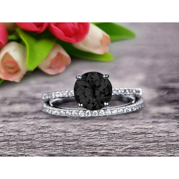 Round Cut 2 Carat Stacking Matching Band Black Diamond Moissanite Engagement Ring Bridal Set Anniversary Gift 10k White Gold