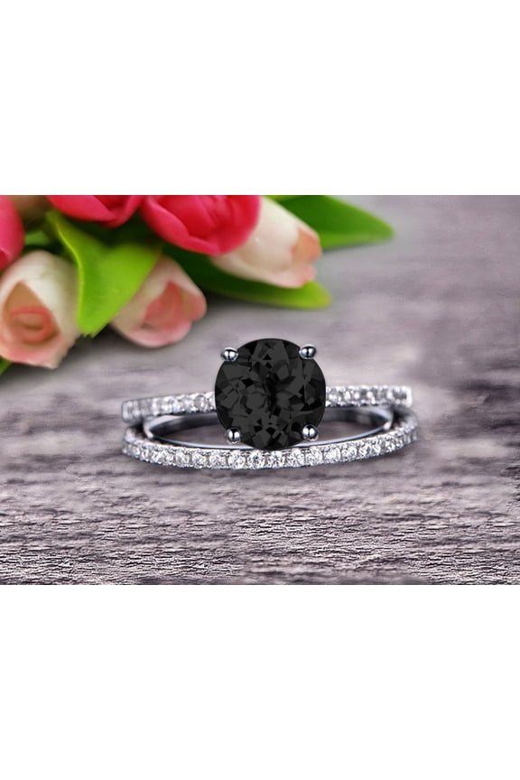 Round Cut 2 Carat Stacking Matching Band Black Diamond Moissanite Engagement Ring Bridal Set Anniversary Gift 10k White Gold