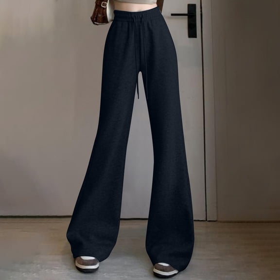 Odbmxy Wide-Leg Sweatpants Women Plus Size High Waist Womens Pants Gym Black Flare-Leg Full Length Elastic Waist Sweatpants,M