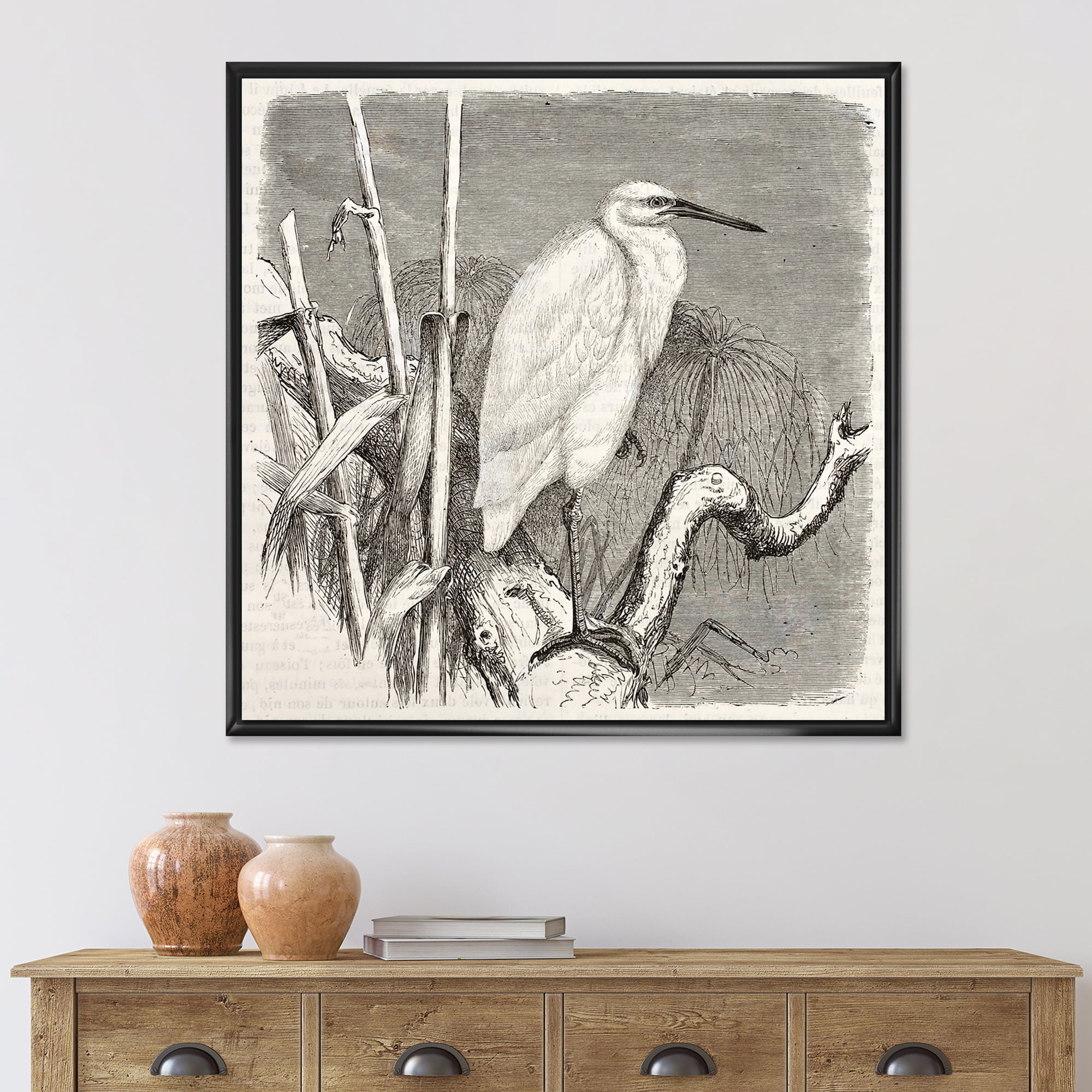 Little Egret Bird in Monochrome 16 in x 16 in Framed Painting Canvas Art Print, by Designart