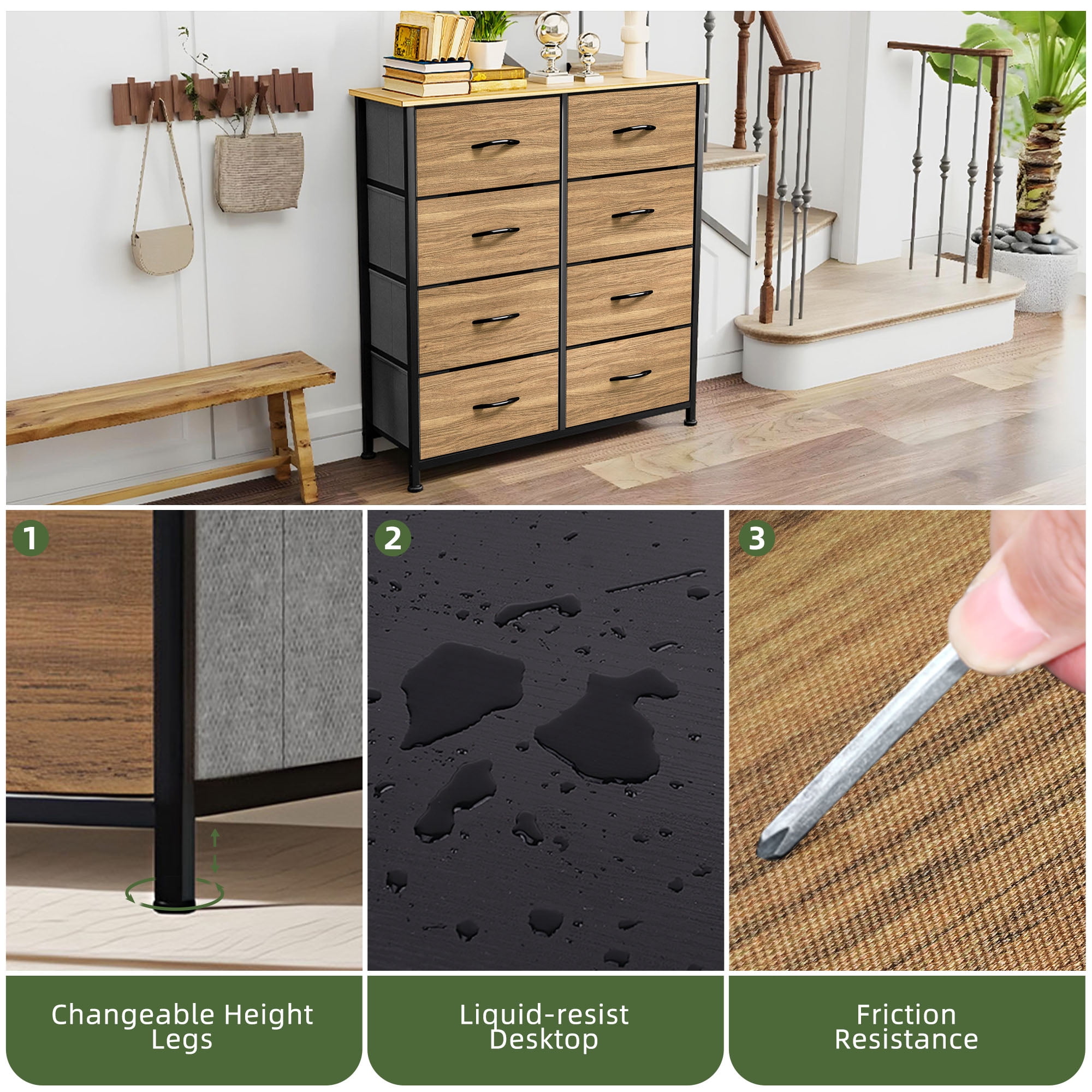 Uforic 8 Drawer Dressers for Fabric Chest of Drawers Storage Dressers for Living Room Burlywood Grain