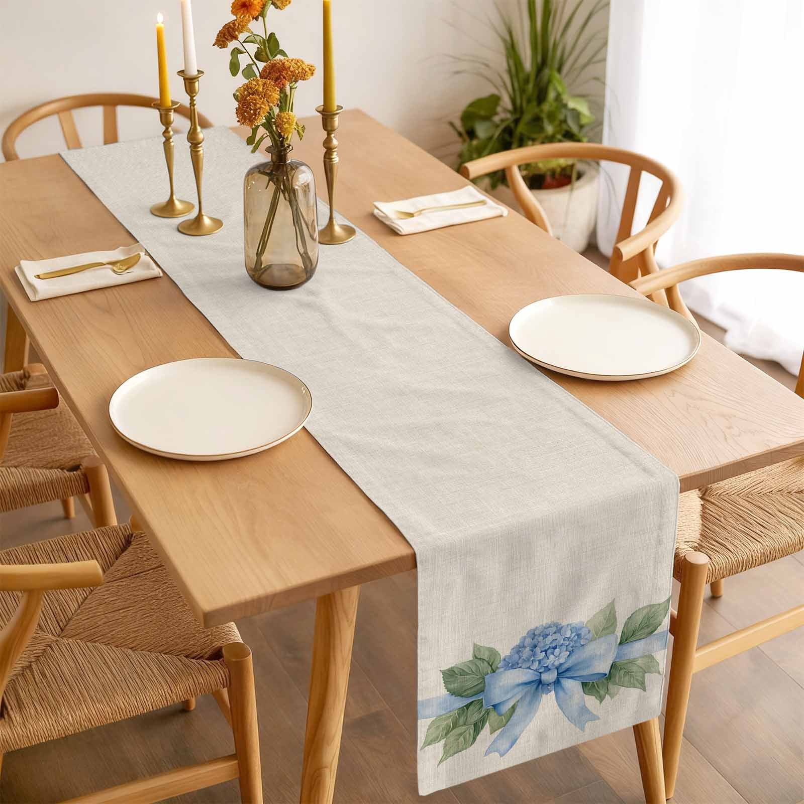 Blue Bow Hydrangea Cotton Linen Table Runner Spring Flower Green Leaf Watercolor Linen Texture Dining Table Runners for Home Decor Party Dining Room Restaurant Kitchen 13" x 108"