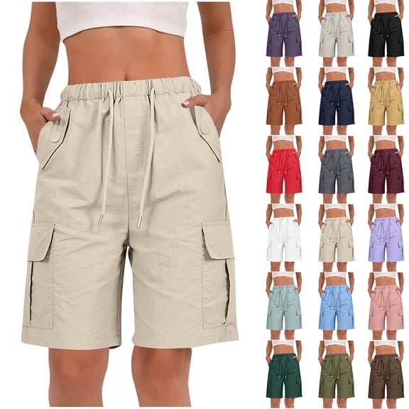 Horkkom Cargo Shorts Women Elastic Waist Drawstring Hiking Shorts Outdoor Workout Travel Shorts with Pockets L