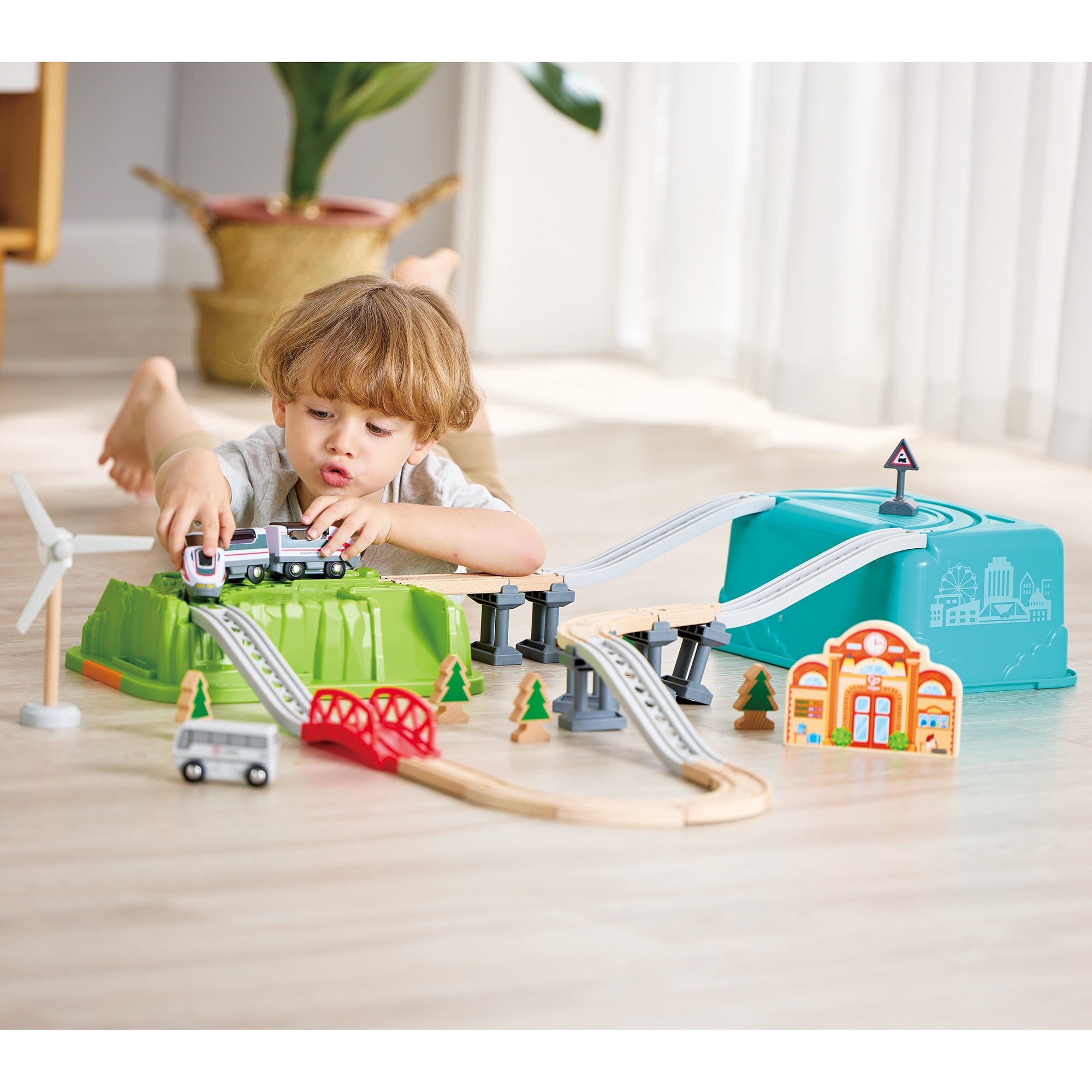 Hape: Farmyard Train Bucket Set - Wooden Train Animal Set, Building Toy, Storage Box, Build A Farm Landscape Around Your Train, Toddlers & Kids Age 3+