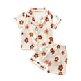 thumbnail image 2 of Elippeo Kids Girls Pajamas Set 6Y 7Y 8Y  Flower Print Short Sleeve Turn-down Collar Tops with Elastic Waist Shorts Sleepwear, 2 of 9