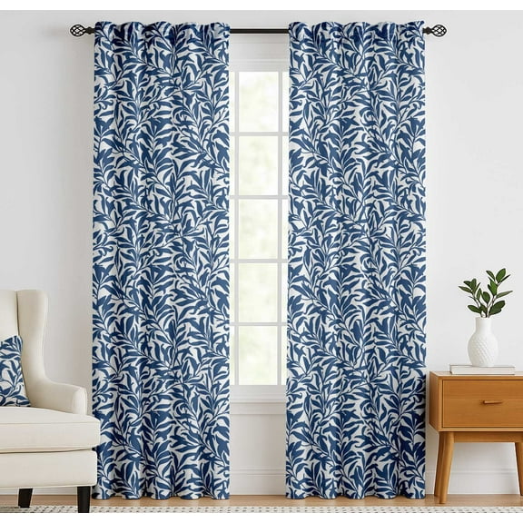 Vargottam Cotton Curtains for Windows - 3-in-1 Rod Pocket/Back Tab Short Window Drapes - Light Filtering Cotton Canvas Panels - Set of 2, 52"x63" - Leaves Print (Blue)