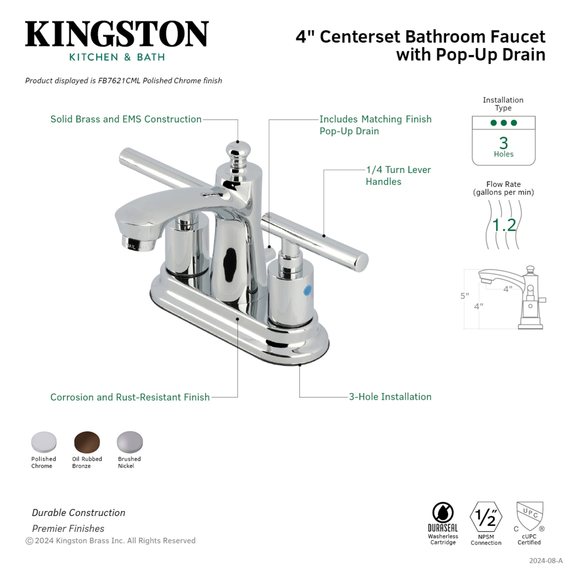Kingston Brass FB7621CML Manhattan Double-Handle 4" Centerset Bathroom Faucet with Pop-Up Drain, Polished Chrome