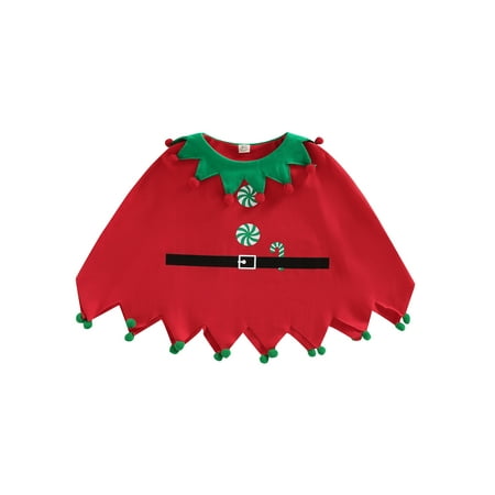 

Licupiee Kids Girls Boys Christmas Cloak Contrast Color Irregular Hem Cape with Plush Balls for Party