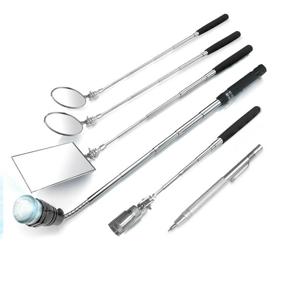 KERPOS 7-Piece Magnetic Tool & Telescoping Mirror Set, Adjustable Magnetic Pickup Tool with 15lb Retriever, 360° Swivel Magnet Mirror, LED Flashlight, for Mechanics and Automotive Use