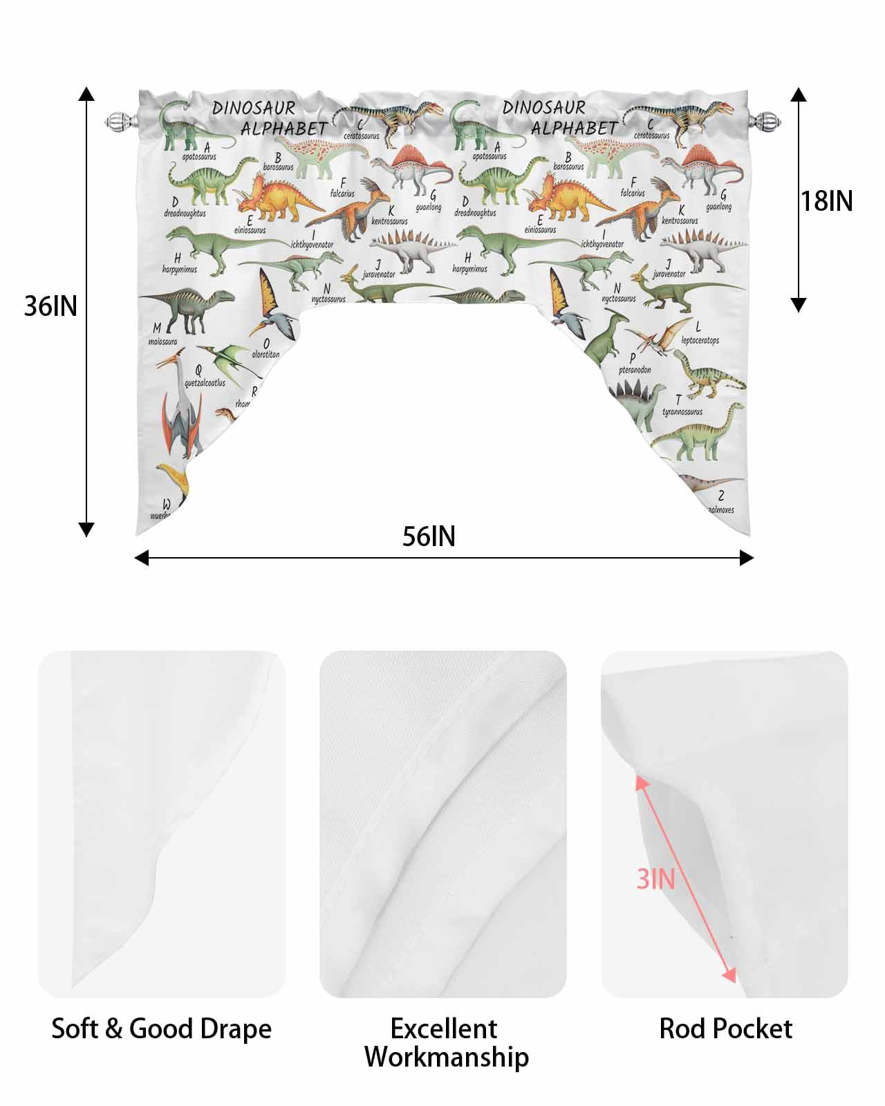 Dinosaur Swag Curtains for Kitchen Funny Dino Cute Cartoon Boys Girls Children Valances for Windows Rod Pocket Small Window Treatment Topper for Cafe Bedroom Bathroom Living Room Decor 56x36 Inch