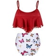 thumbnail image 4 of Women High Waisted Bikini Ruffle Swimsuit Flounce Pom Pom Trim Two Piece Bathing Suit Red&white (S, 4 of 7