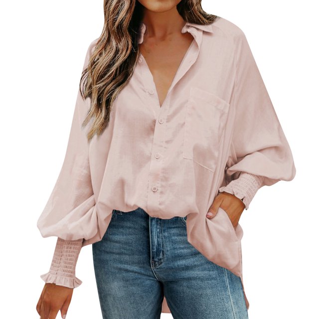 Mujer Casual Solapa Manga larga Camisa de color sólido Top Blusa de rebeca de un solo pecho con bolsillos Pompotops FGAJ21289