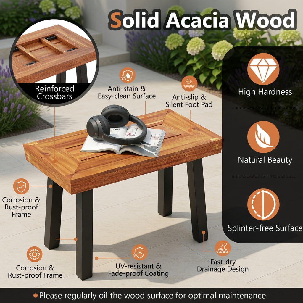Hommoo Outdoor Acacia Wood Garden Bench for 2-3 People, Sturdy Metal Frame, Splinter-Free Patio Bench, 60" Backless Seating with Adjustable Feet, Brown