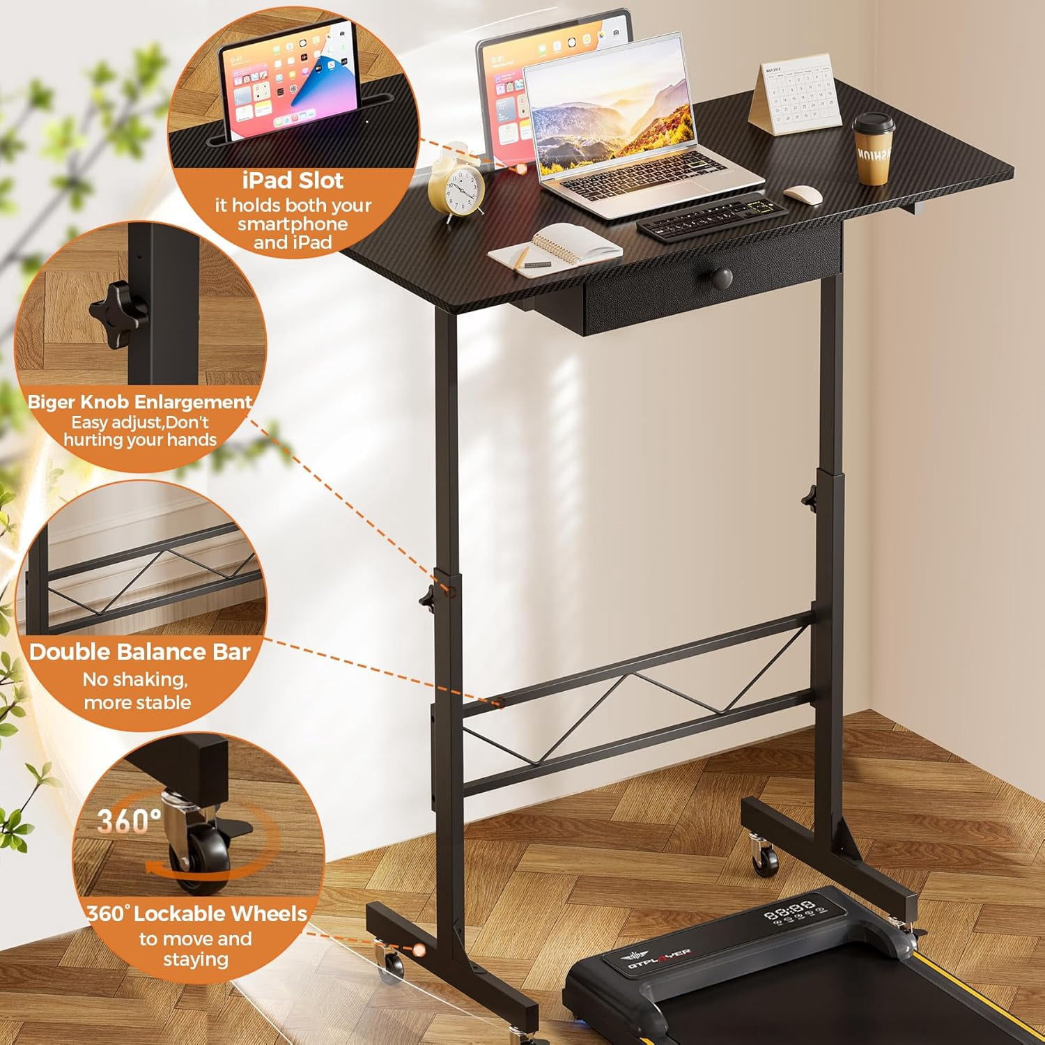 Small Standing Desk Adjustable Height with Wheels and Drawer, 32 Inch Portable Computer Workstation for Home Office