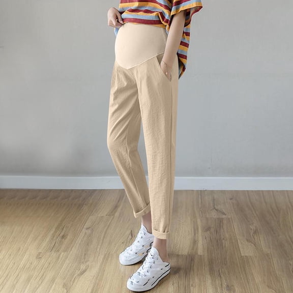 qelini Maternity Linen Pants for Women High Waist Solid Color Belly Support Pants Pockets Elastic Full Length Trousers