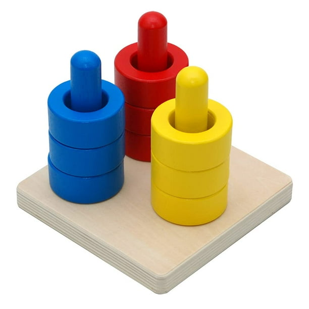 Elite Montessori 3 discos de madera de colores sobre tacos de colores para más de 6 meses Actividades de desarrollo cerebral y coordinación ojo-mano de bebés de 1 año