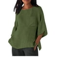 thumbnail image 2 of Green Women's Long Sleeve T-shirt, Linen Shirts For Women Plus Size 3/4 Length Sleeve Tops Casual Loose Fit Round Neck Tees 2025 Summer Fashion Blouse,Women's Long sleeve T-shirt L, 2 of 4