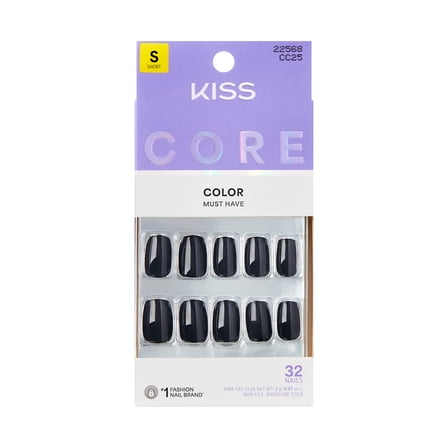 KISS CORE Color Press On Nails, ‘Photogenic’, Black, Short Squoval, 32 Count