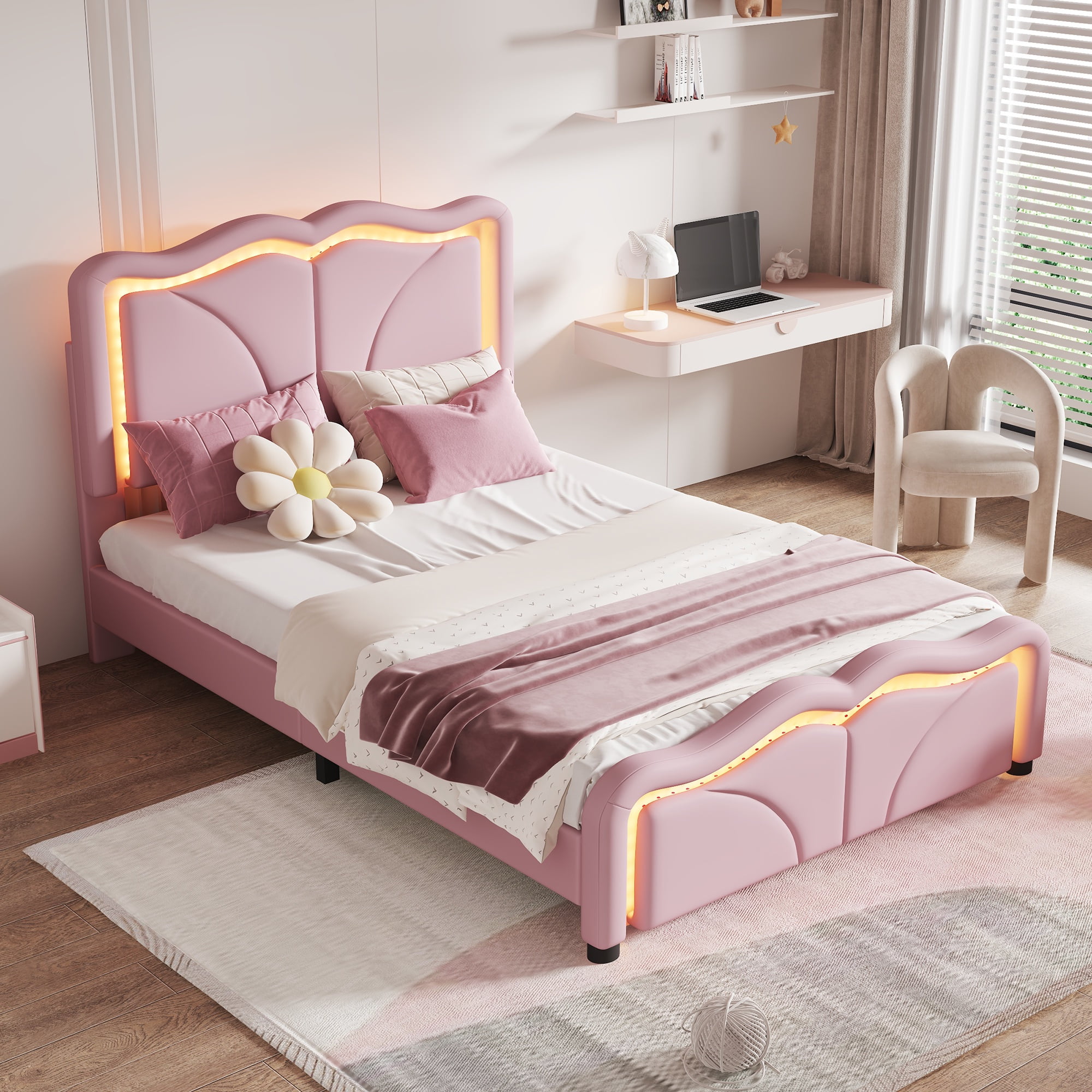 PAPROOS Twin Size LED Bed Frame, PU Leather Upholstered Bed, Wood Platform Bed with Soft Cushioned Headboard, Princess Bed, Pink