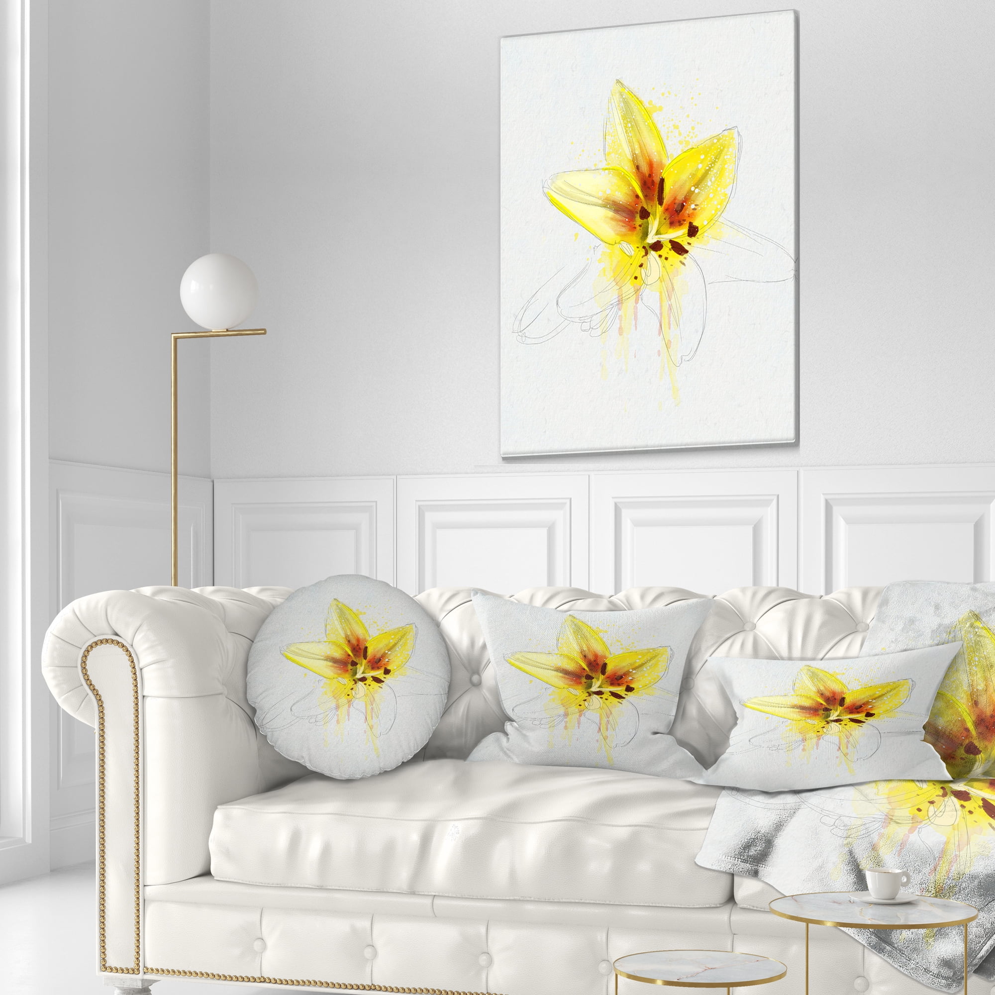 Designart Wonderful Yellow Lily Flower Sketch - Floral Throw Pillow - 12x20