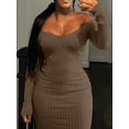 thumbnail image 4 of LW-vestidos Midi de manga larga con cuello en V para mujer, vestido básico de punto acanalado con escote en V profundo, vestido ajustado informal Sexy para otoño 2023, 4 of 6