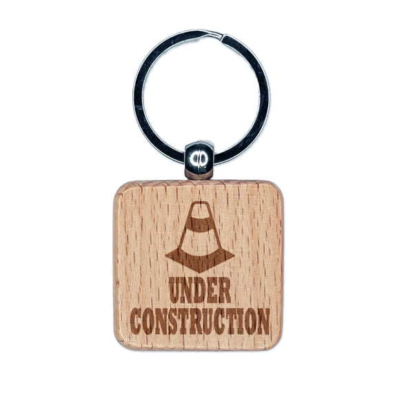 Under Construction Traffic Cone Teacher Motivation Square Keychain Charm Tag - Engraved Wood