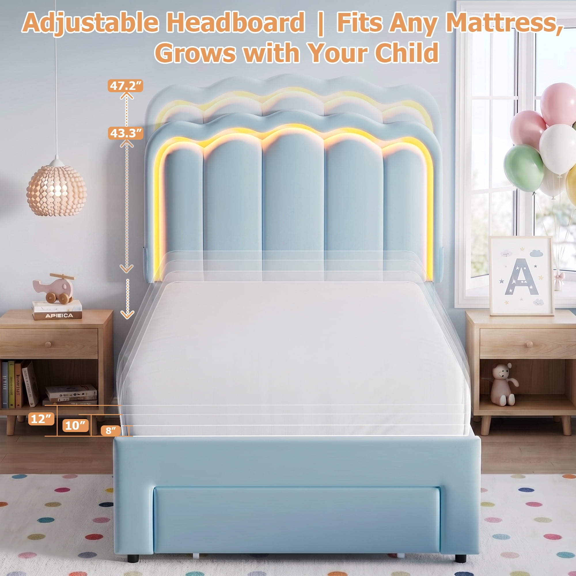 Hijob Twin Size LED Bed Frame for Boys/Kids with Storage Drawers, Velvet Upholstered Platform Bed with Adjustable Headboard, Built in Charging Station, Blue