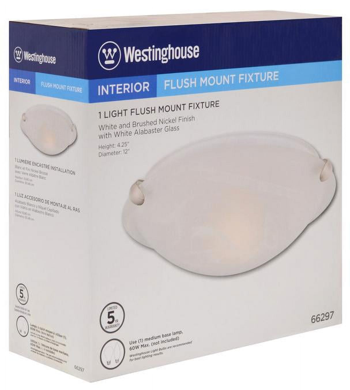 Westinghouse Westinghouse Lighting 6629700 Transitional One-Light, 12 Inch Indoor Flush Mount Ceiling Light Fixture, Brushed Nickel Finish, Alabaster Glass