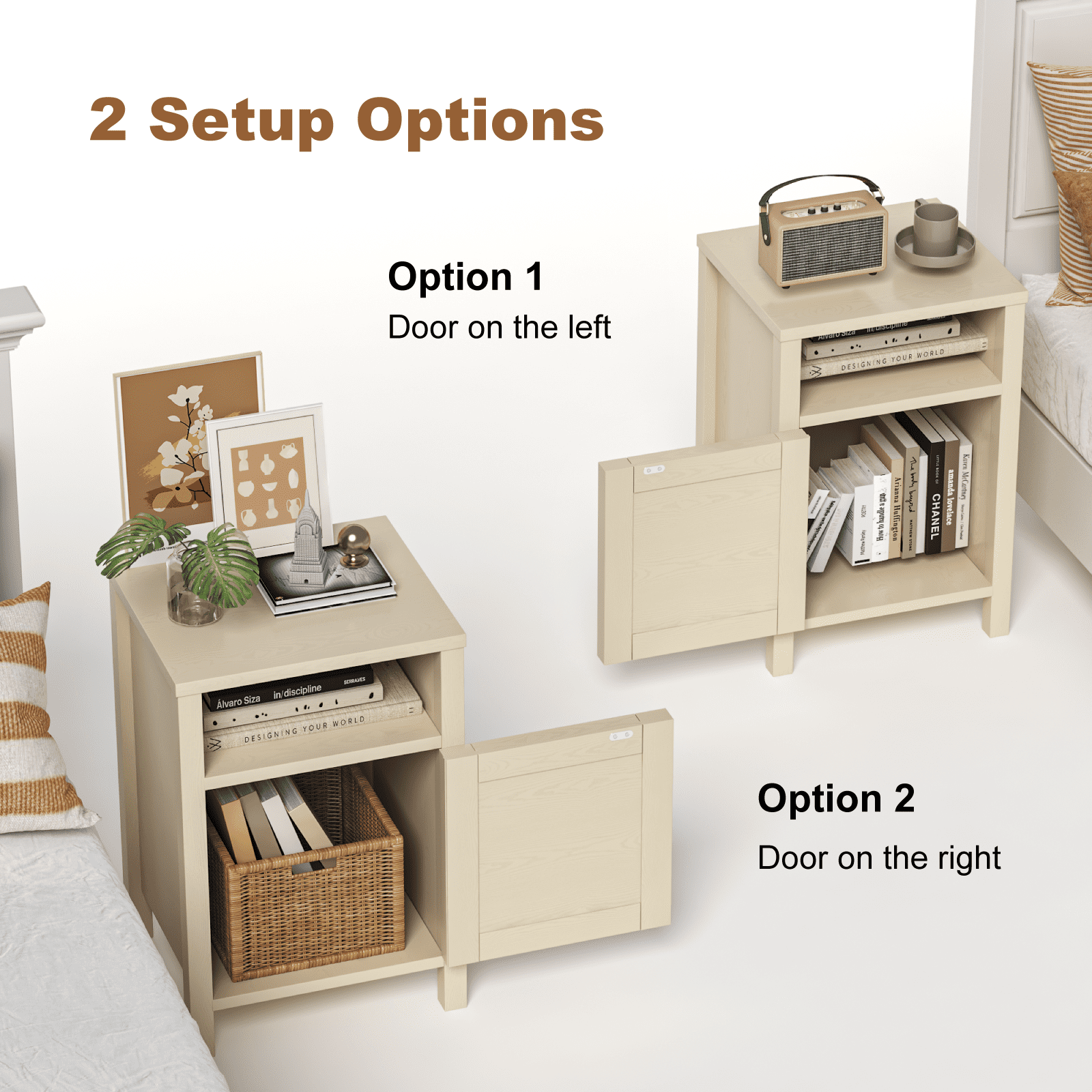 EVOKEDEN Farmhouse Nightstands Set of 2, Rustic Vintage Side End Table w/ Storage & Barn Door for Bedroom Living Room, Beige