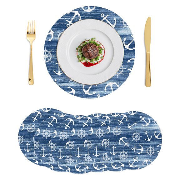 Round Placemats Nautical Ocean 15 inch Set of 6 Table Mats for Dining Table Coastal Classic Anchors Rudder Navy Blue Heat Resistant Non-Slip Kitchen & Home Decorative Place Mat Set