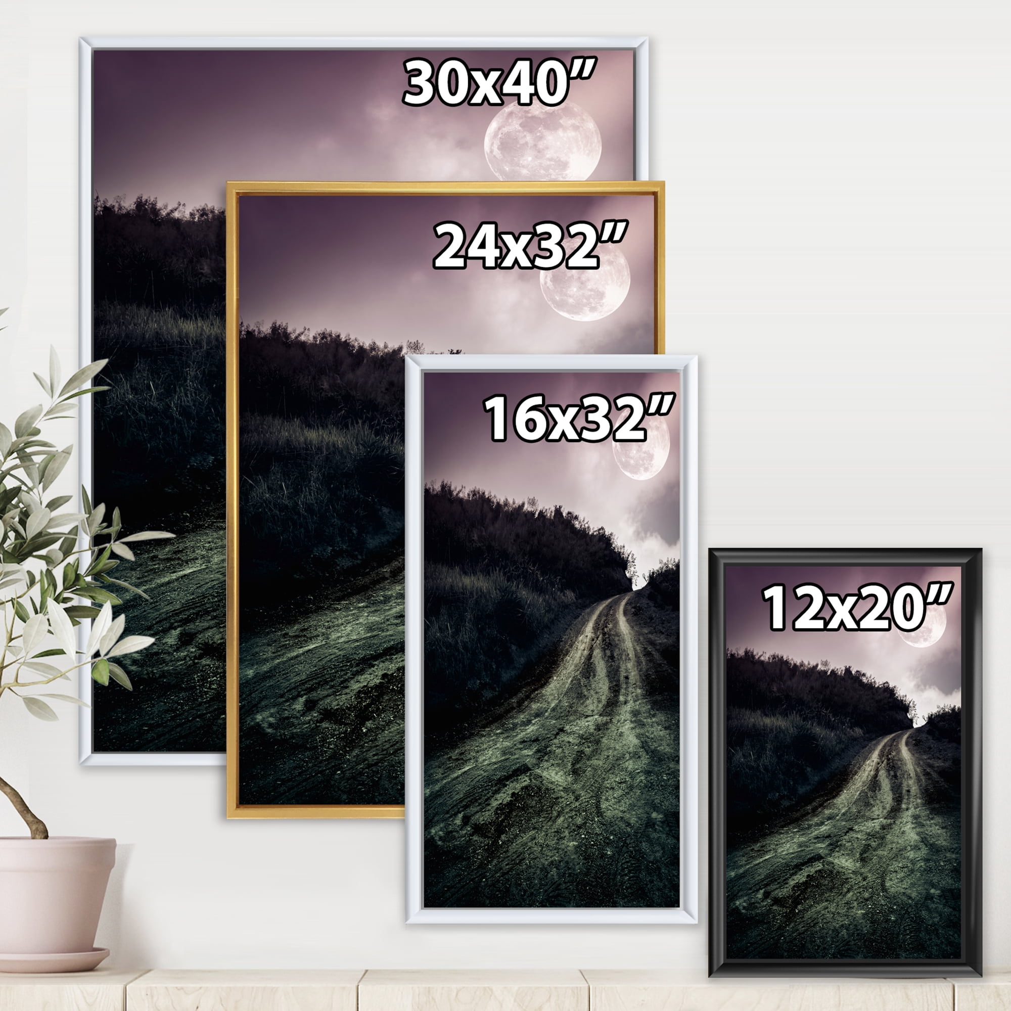 Designart 'Countryside Muddy Road Under Full Moon' Modern Framed Canvas Wall Art Print