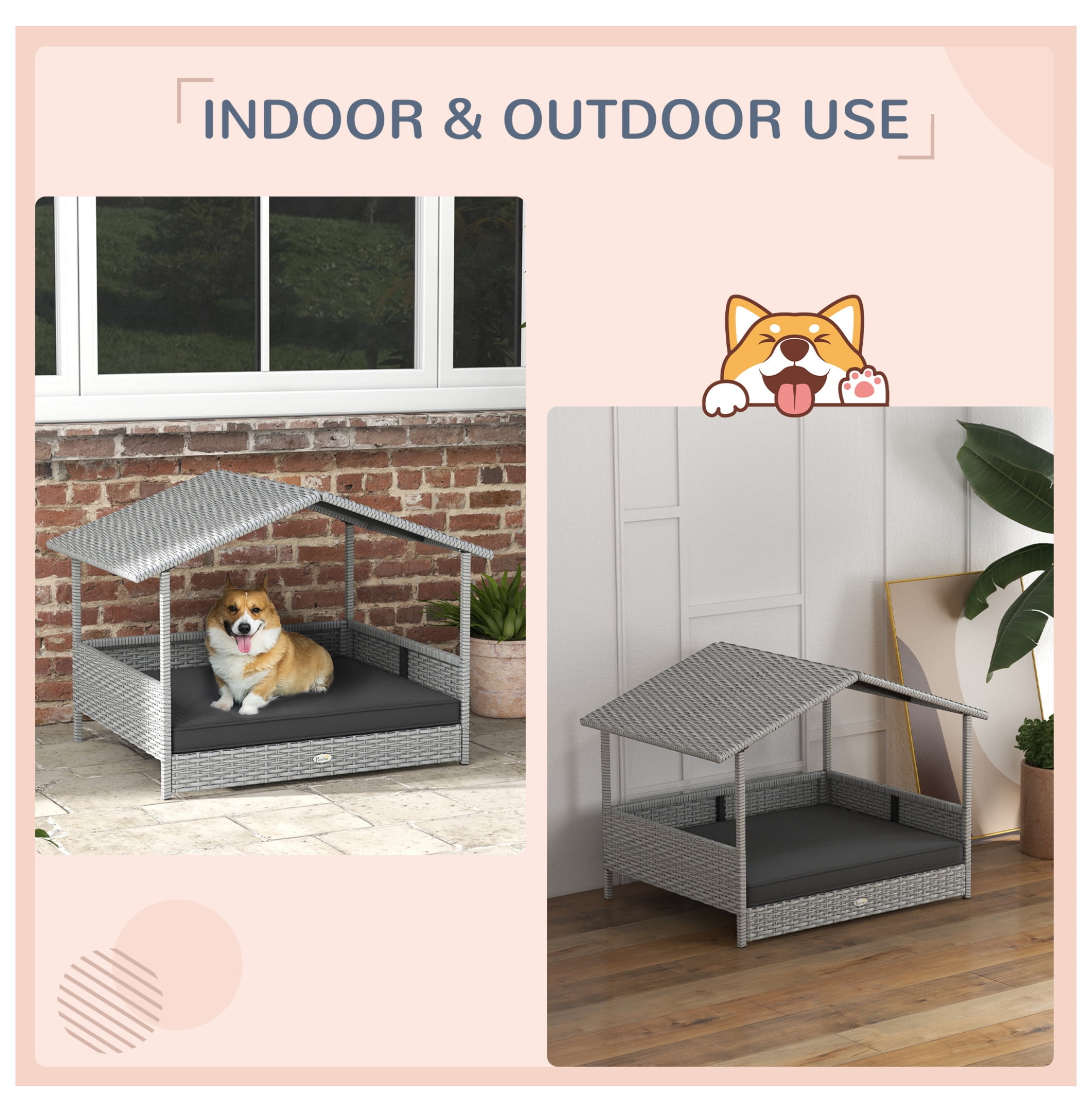 Wicker Dog House Outdoor - PawHut Rattan Dog Bed with Canopy - Gray - Small Medium Dogs - Water-resistant Cushion - Durable Pet Shelter