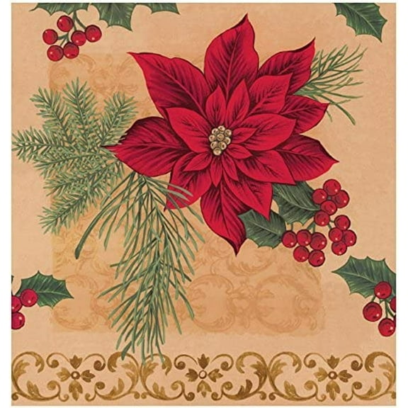 Opulent Poinsettia Plastic Table Cover - 54in. X 102in. (Border Design - White in the Center) (726961)