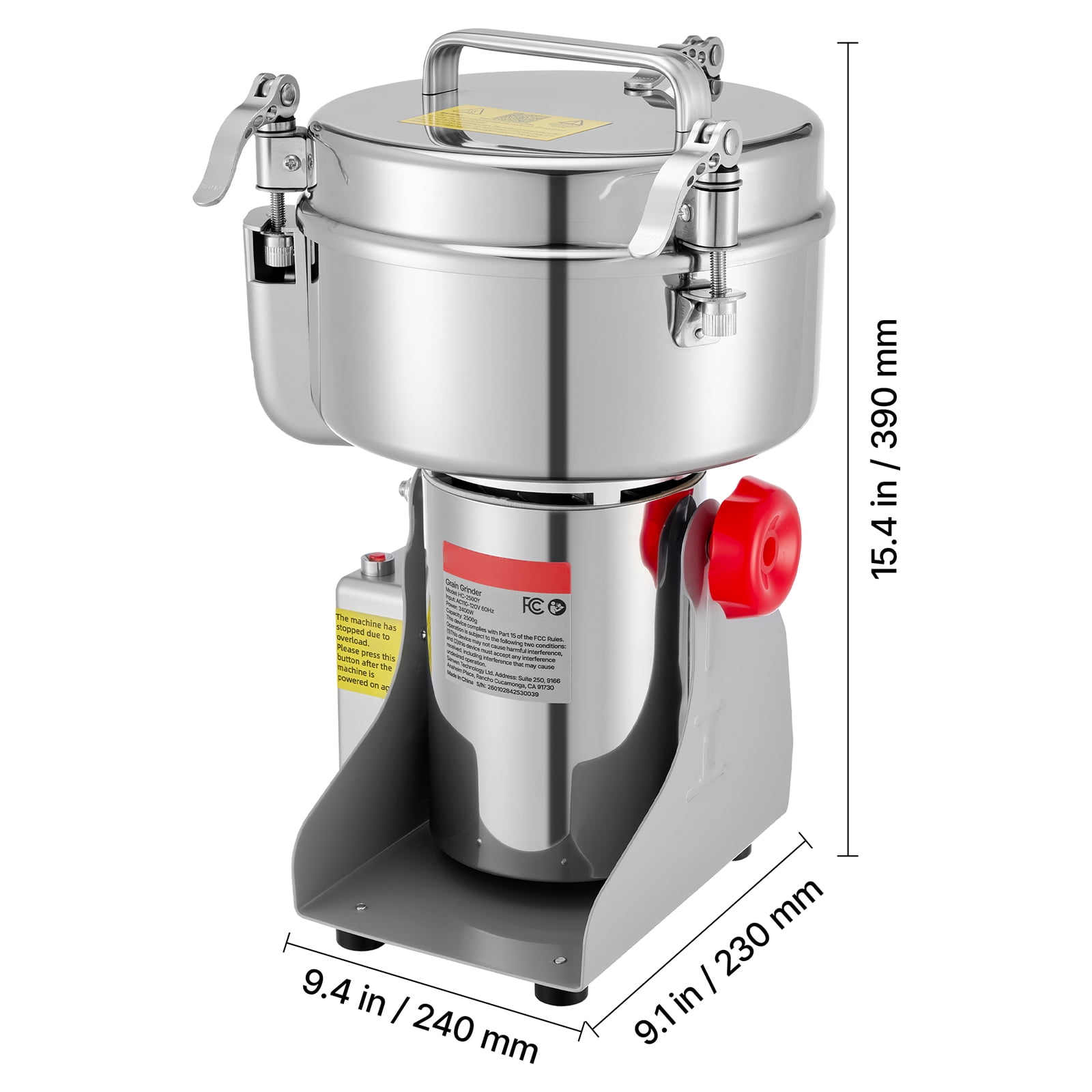 KFFKFF 2500g Electric Grain Mill Grinder, 3400W 32000RPM High-Speed Machine for Grinding Dried Grains, Coffee Beans, Spices, and Nuts, Stainless Steel Pulverizer with 270° Swing Design