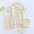 thumbnail image 5 of Wang6 Women's Cotton Pajamas Sets 3 Pieces Soft Long Sleeve Button Shirts Elastic Waist Shorts Wide Leg Pants Loose Fit Floral Printed Sleepwear Loungewear Pjs Sets Pink XXL, 5 of 7