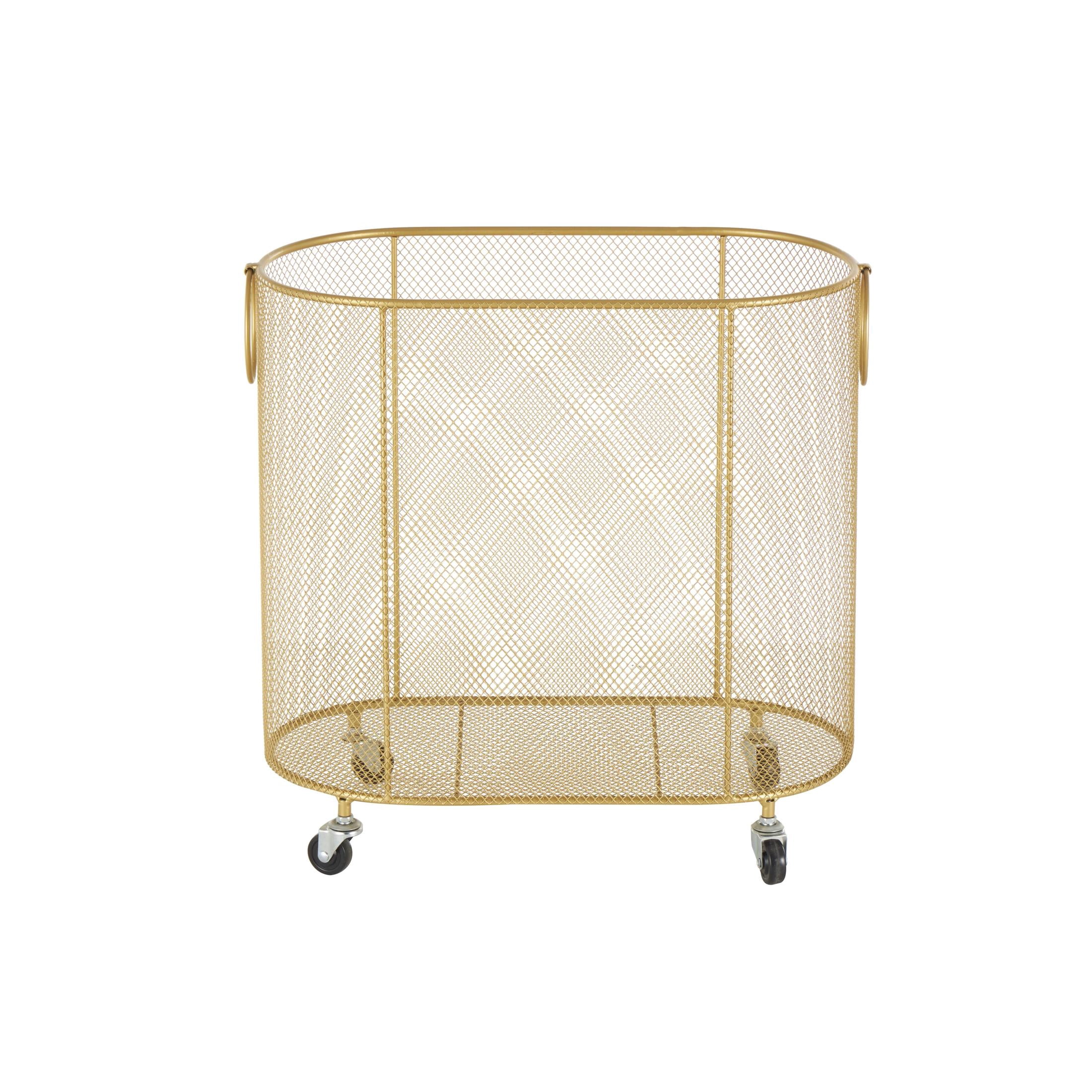 DecMode Gold Metal Oval Mesh Wire Rolling Laundry Storage Cart with Ring Handles
