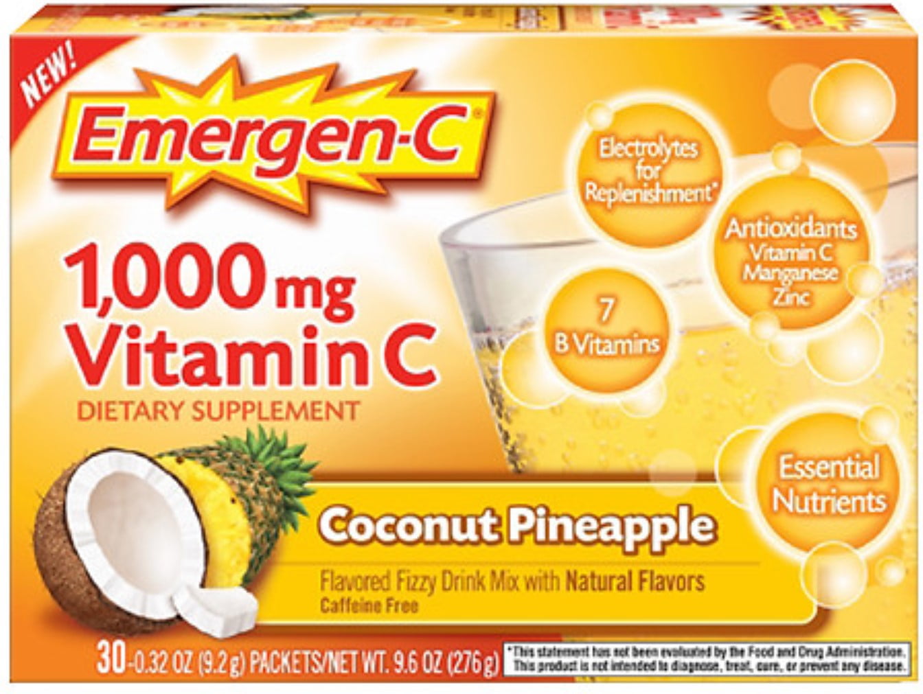 EmergenC 1000 mg Vitamin C, Coconut Pineapple 30 ea (Pack of 3