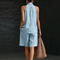 thumbnail image 5 of Qwertyu Linen Short Sets for Women 2 Piece Outfits V Neck Halter Tank Tops Knee Length Bermuda Shorts Beach Loungewear Set Light Blue S, 5 of 6