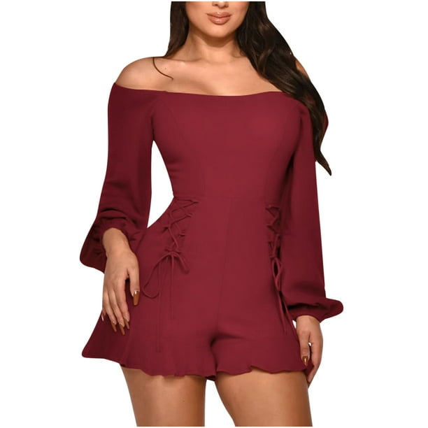 Laat je zien baseren analoog Dasayo Wine Cute Rompers for Women Women's Fashion Casual Solid Long Sleeve  One Shoulder Lace-Up Hem Ruffle Jumpsuit - Walmart.com