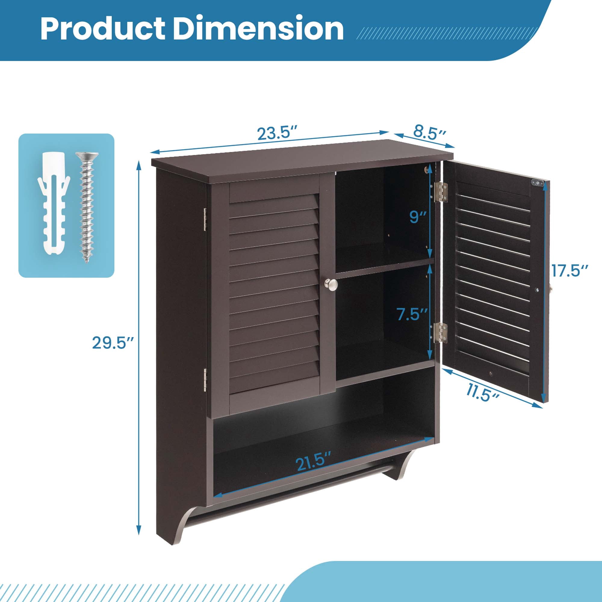 Costway Bathroom Wall Mounted Medicine Cabinet with Louvered Doors & Towel Bar Espresso