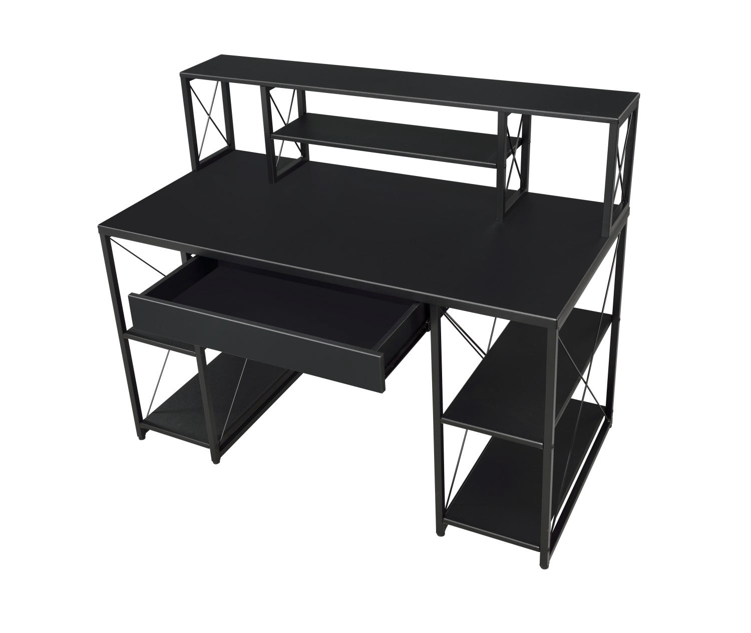 Modern Black Writing Desk with Storage Shelves, Computer Desk with Drawer & Metal Frame for Home Office Studio Gaming Setup
